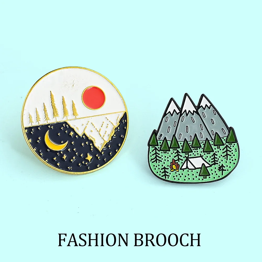 1PCS Fashion Outdoor Landscape Enamel Pins Sun Moon Stars Mountains Camping Campfire Alloy Brooch Badge Jewelry Gift for Friends