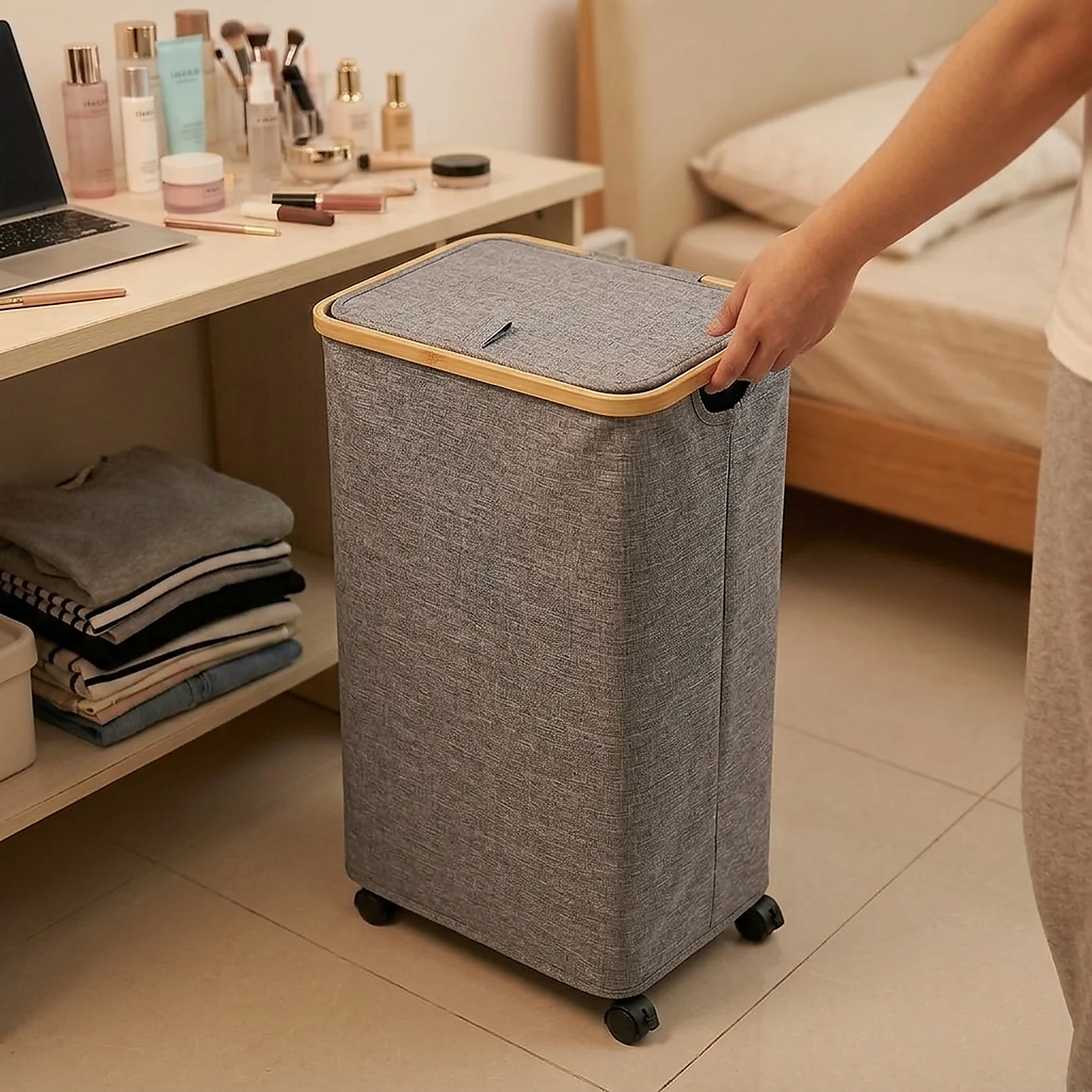 Zoyiancy Black Rolling Laundry Basket 110L, Slim Tall Laundry Hamper on Wheels with Lid and Bamboo Handles for Bedroom, Bathroom, Dormitory and Laundry Room