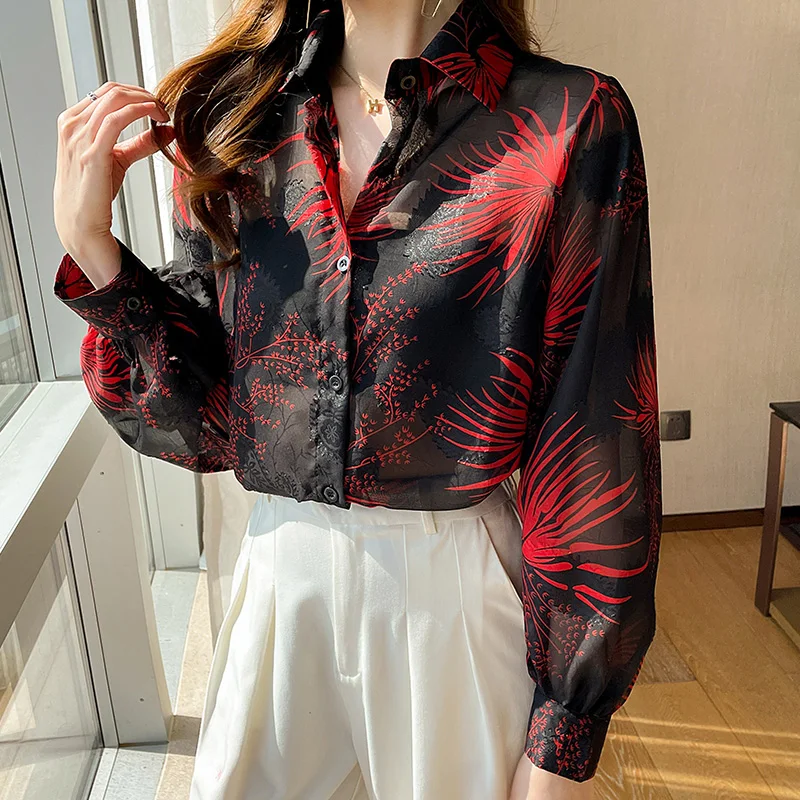 Women Korean Fashionable Loose Printing Perspective Polo-Neck Long Sleeve Shirts Women Clothes Casual All-match Appear Thin Tops