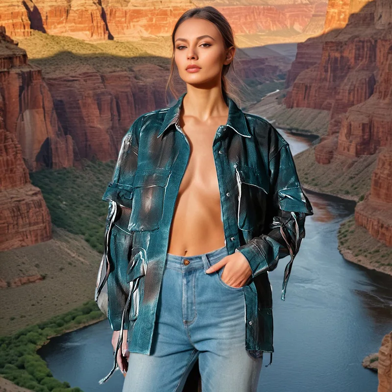 여성 가을 패션 루즈핏 카모플라주 데님 재킷 코트, 큰 포켓 스플라이싱 디자인 워크웨어 개성 스타일