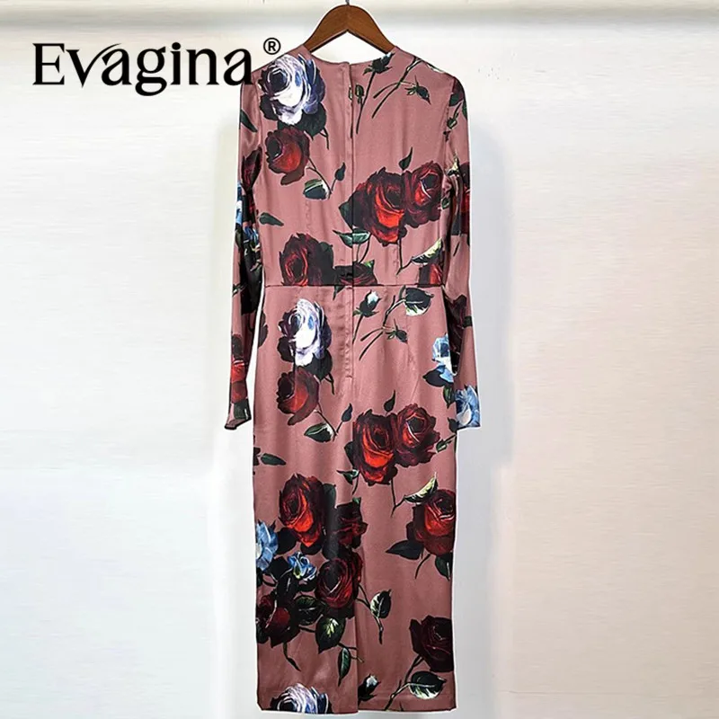 Evagina Fashion Wiosna Lato Sukienka damska z nadrukiem Slim-Fit Hip Wrap z długimi rękawami Jedwabne eleganckie eleganckie designerskie sukienki
