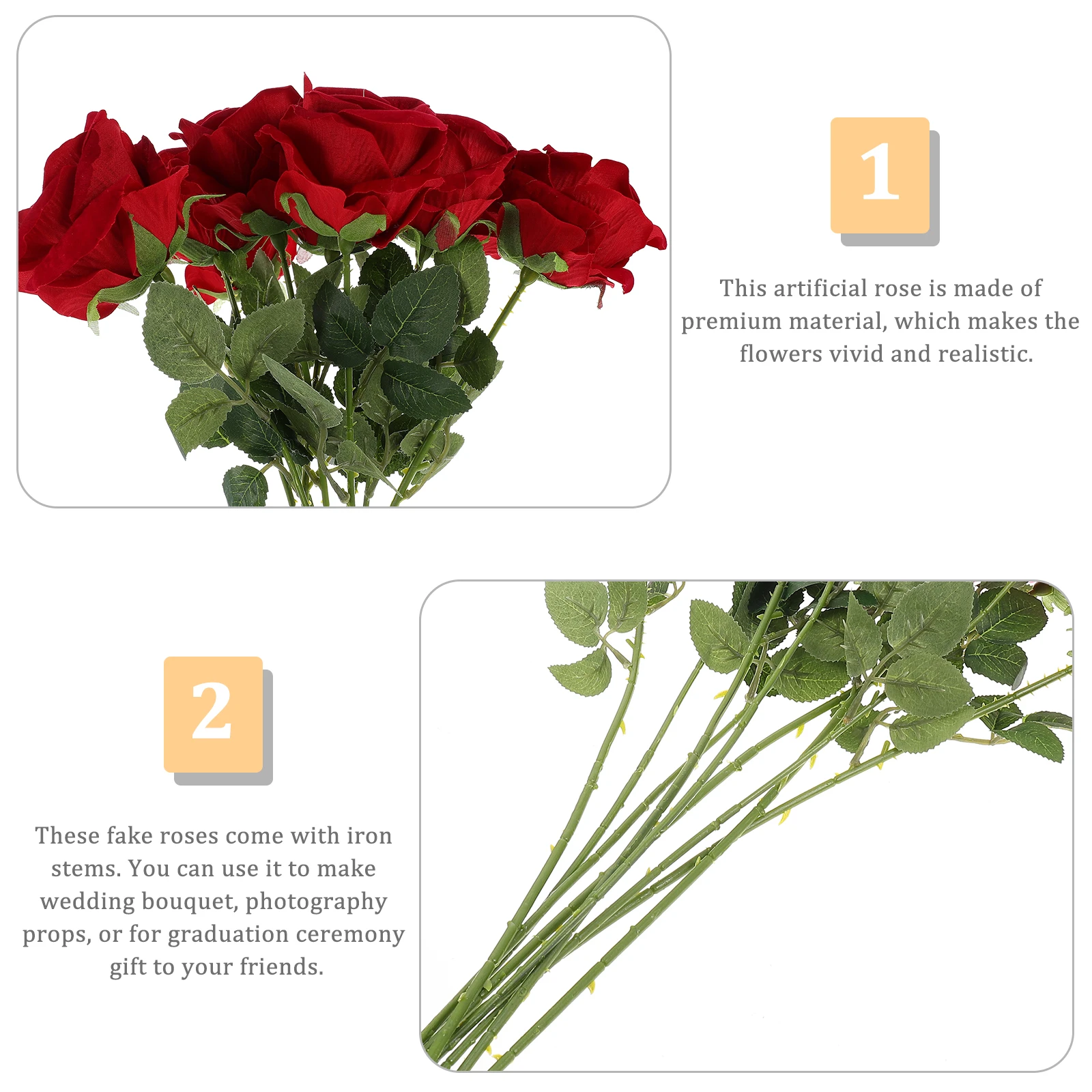 

9pcs Artificial Roses Iron Stem Fake Flowers Home Decor Wedding Bouquet Photography Props Graduation Gift