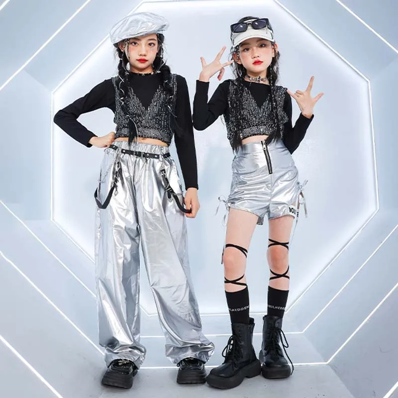 Jazz Dance Costume Girls K-Pop Hip Hop Stage Outfit Kids Fashion Show Performance Clothes Silver Shuffle Pants Sequin Top AMY921