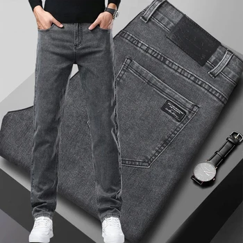 Men's Slim Jeans Korean Fashion Elastic Straight Casual Denim Pants Comfortable Work Male Spring Autumn Trousers Black Gray