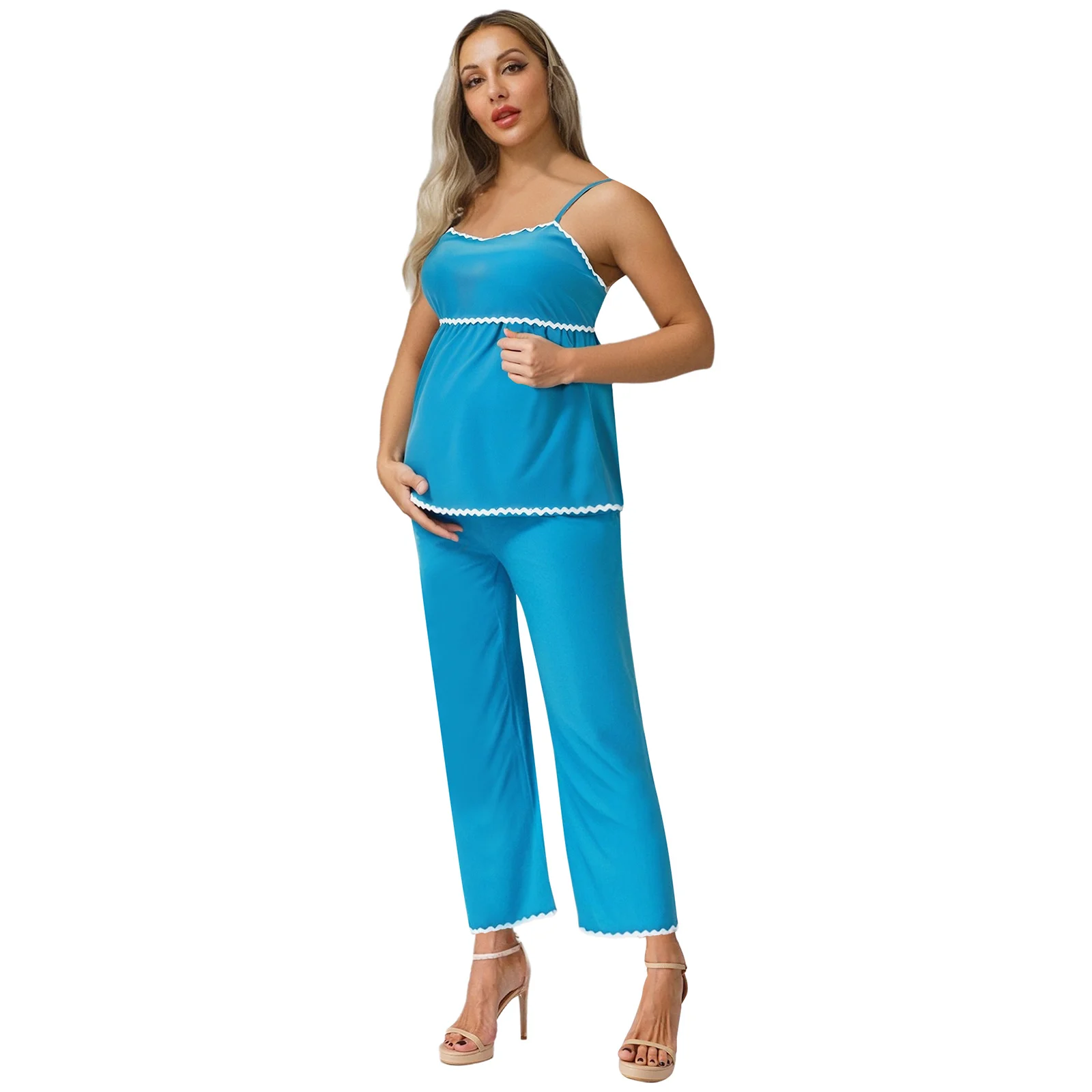 

Maternity Fashion Bohemian Style Clothing Outfits Pregnant Women Summer Adjustable Spaghetti Strap Tops And Wide Leg Pants Set