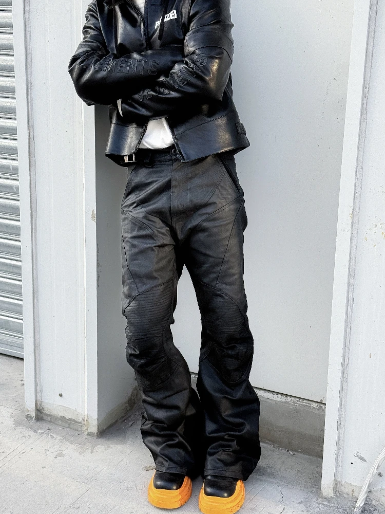 

American Style Brushed Wax Motorcycle Jeans Pants Patchwork Bell Bottoms Casual Cotton Trousers Youth Fashion Workwear