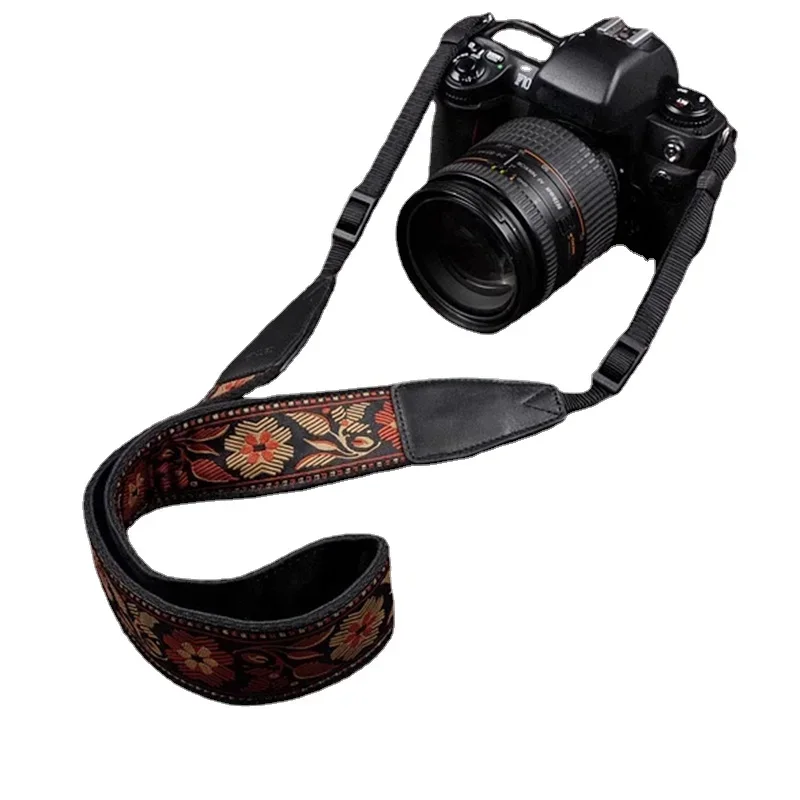 Adjustable Length Embroidery Camera Strap Soft Cotton Digital Camera Neck Strap Leather Lanyard Fit for Digital SLR Camera