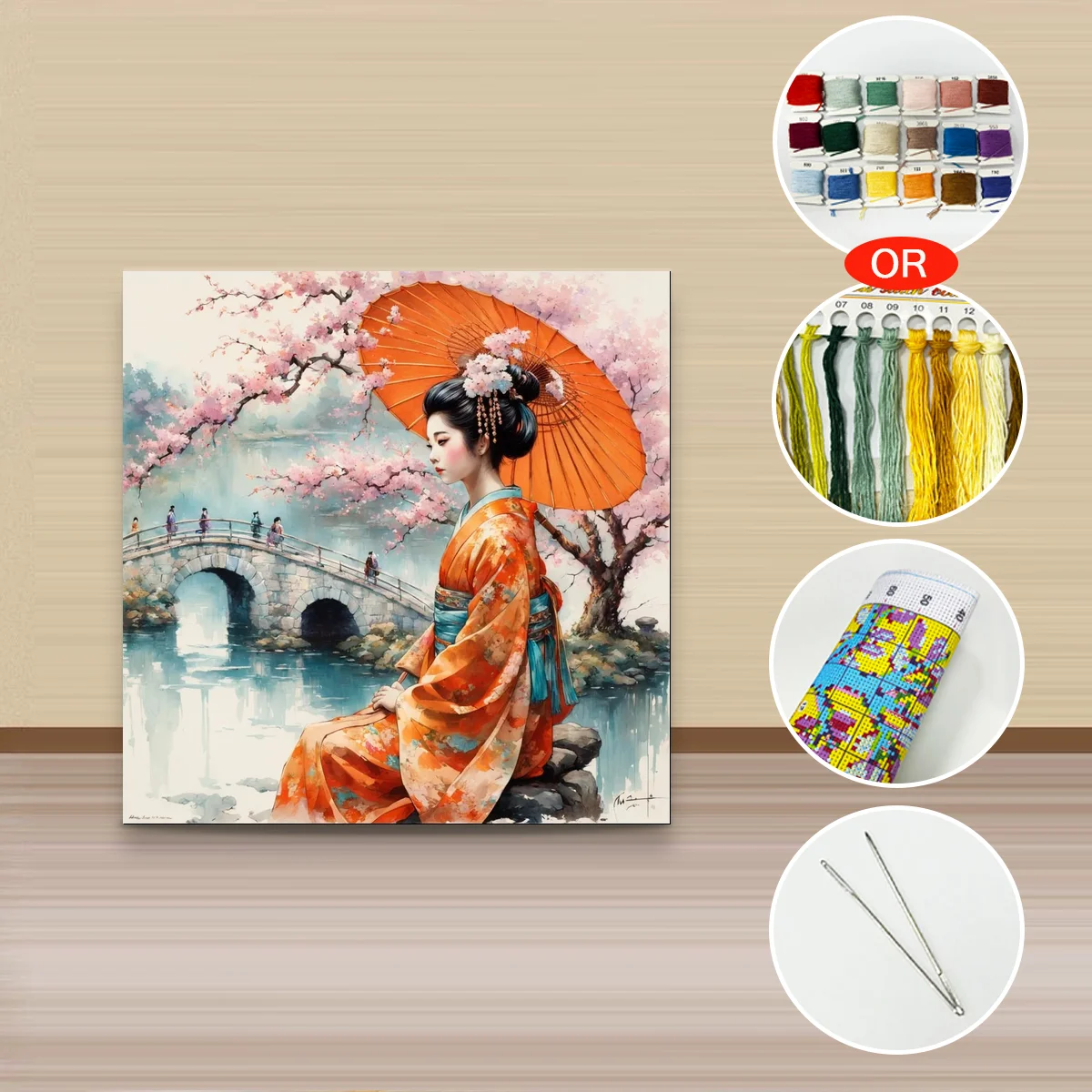 1 Stück 30x30 cm/11,8 Zoll, 11Ct/14Ct Kreuzstich-Set, DIY Valentinstagsgeschenk, Stickerei-Set für Festlichkeiten, Kimono-Dame Kirschblüte – Detail 3
