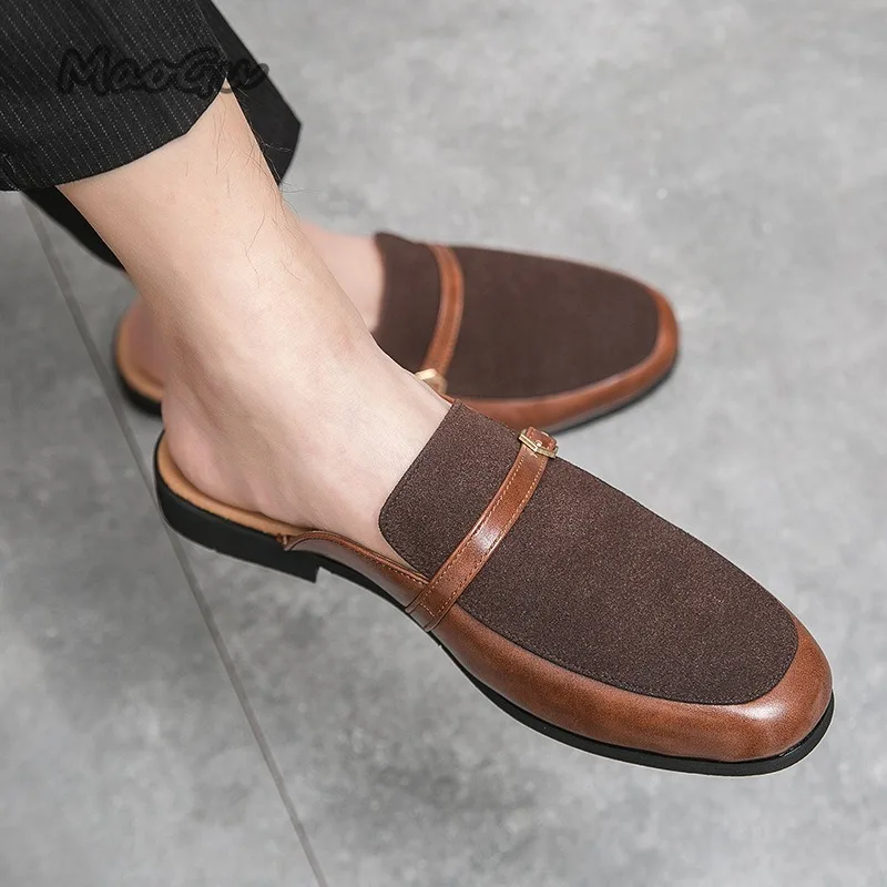 Men's Pantuflas Faux Leather & Suede Buckle Strap Backless Mule Loafers Slip-On Man Casual Dress Shoes Flat Comfortable 슬리퍼