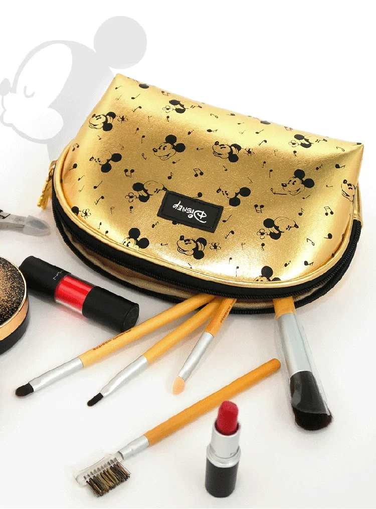 Disney-Bolsa de maquillaje portátil de Minnie Mouse, bolso de almacenamiento multiusos, monedero dorado, bolsa de cosméticos de Mickey Mouse de dibujos animados