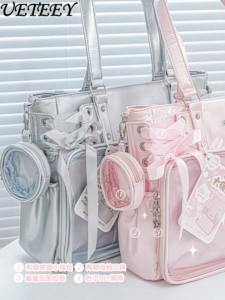 Original Shoulder Pain Bag Large-capacity Tutoring Silver Girl Pink Ribbon Pain Messenger Backpack Zipper-type Student Handbag