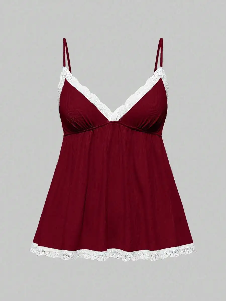 Ribbed Lace Trim Camisole Sleep Top For Women
