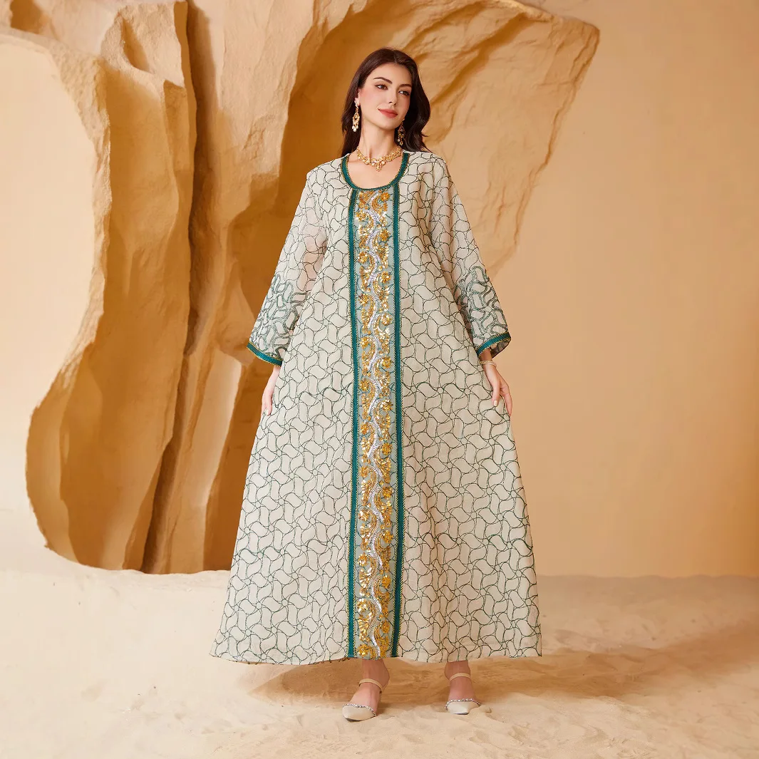

Sw021 Dress With Sequin Detailing, Abaya Robe Hijabs 2026 Muslim Long Dress Robe Abaya Ramadan Dubai Luxury Islam Elegant