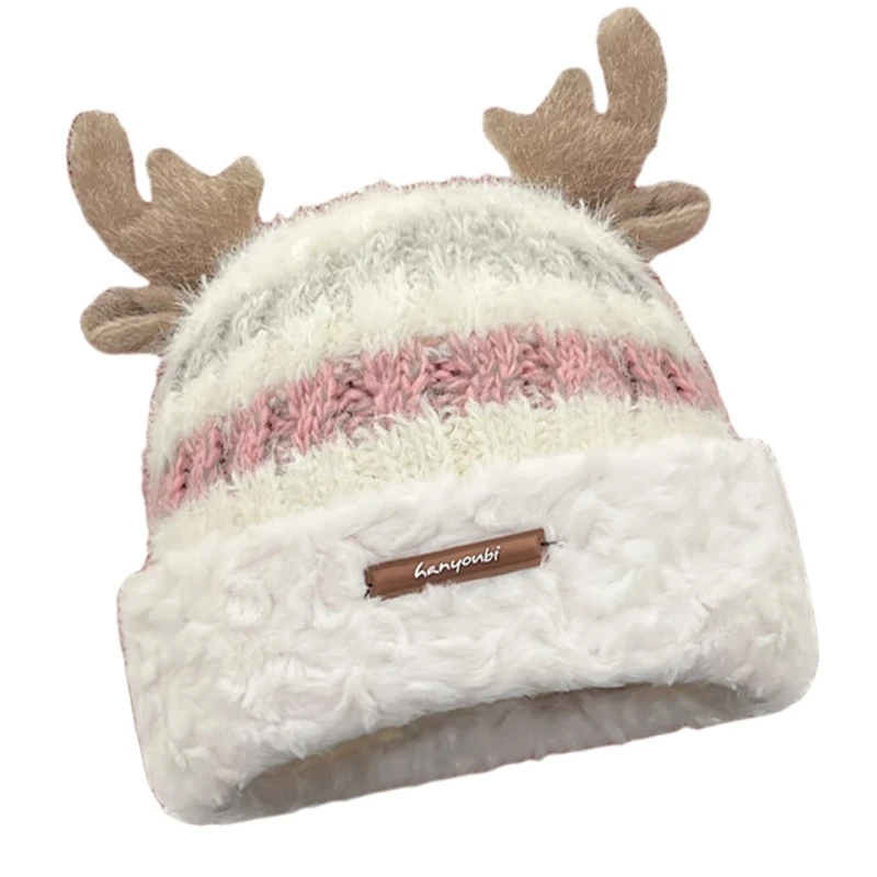 Thick Liner Plush Hat Women Christmas Themed Deer Horn Hat for Winter Activity