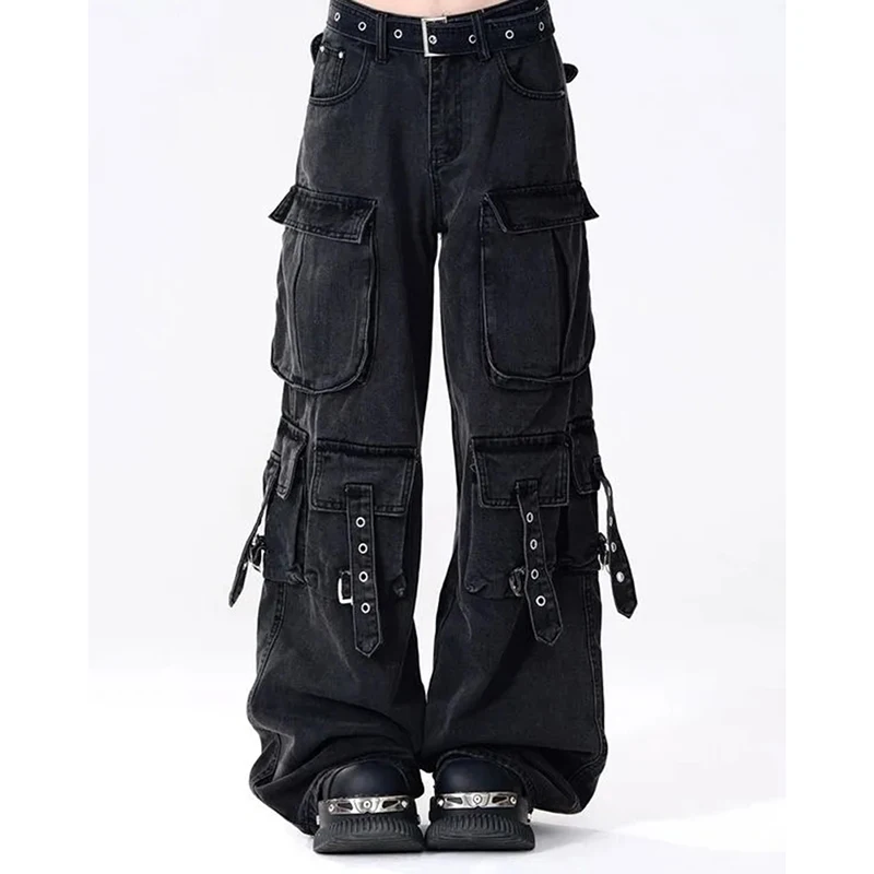 

Gothic Streetwear Jeans Women Black Utility Pockets Wide Leg Denim Pants Dark Straight Jazz Hiphop Cargo Trousres