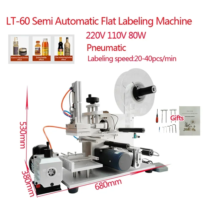 Semi Automatic Pneumatic Flat Wrapping Labeling Machine, Jar Cans Bottle Labeling Device, Label Dispenser Equipment, LT-60