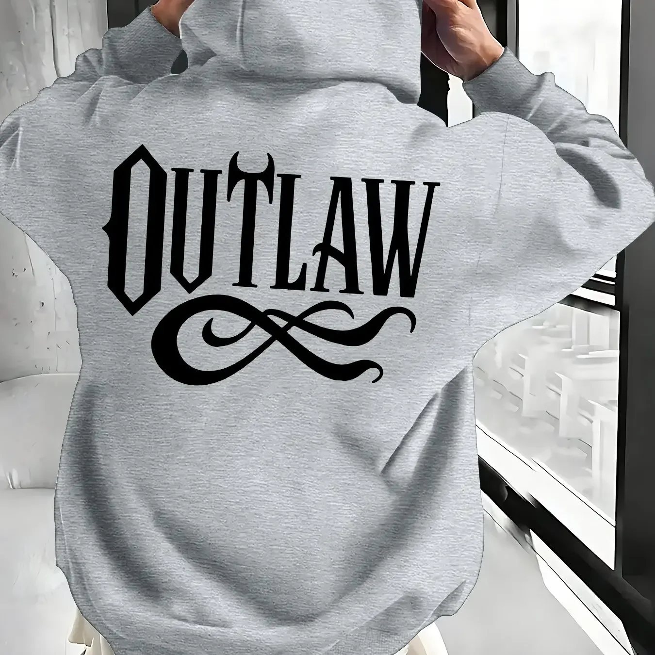Gothic Outlaw Script Back‑Print Warm Fleece Hooded Sweatshirt Men Autumn Winter Punk Style Oversized Casual Urban Street Tops
