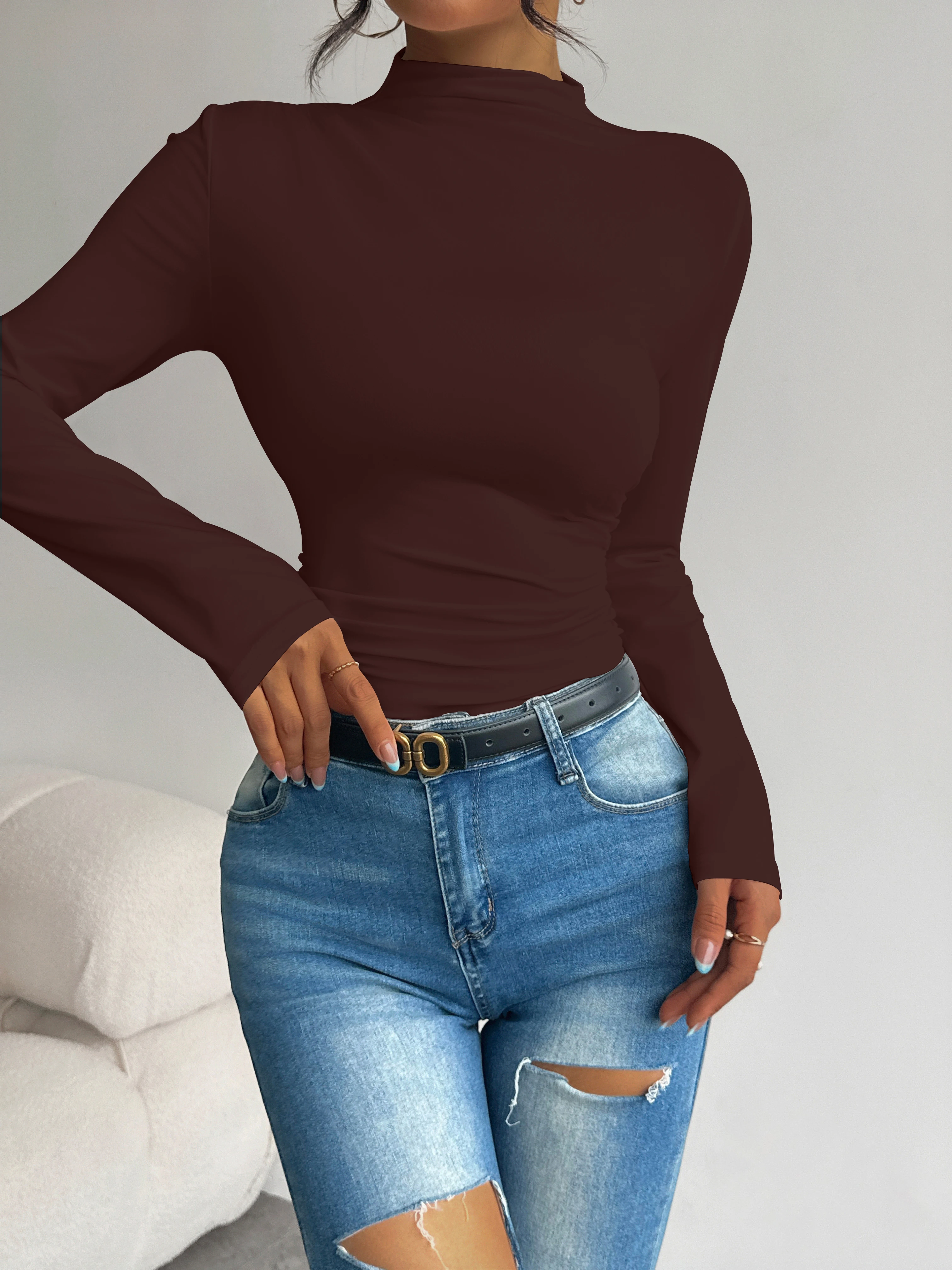 Halbhoher Kragen, plissierte Taille, schlank machendes, langärmliges Basic-Shirt für Damen, vielseitiges Oberteil für Frühling und Herbst. – Detail 3
