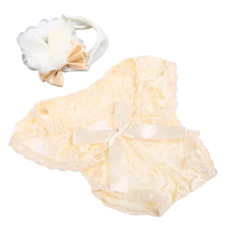 

652F 2 Pcs 0-1Month Newborn Photography Props Baby Flower Hair Band Headdress Headband Lace Romper with Ribbon Bows Set