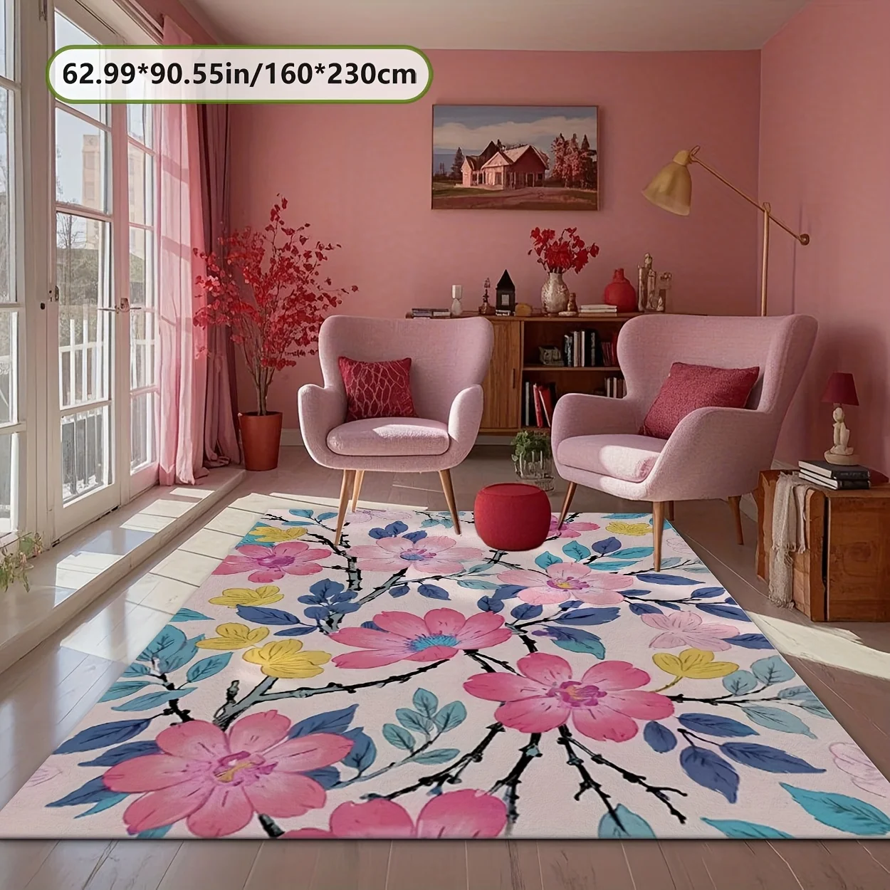 VIKAMA Delicate Pink Blossom Indoor Rug Watercolor Flower Branch Pattern Non‑Slip Stain‑Resistant Washable Floor Mat for Home