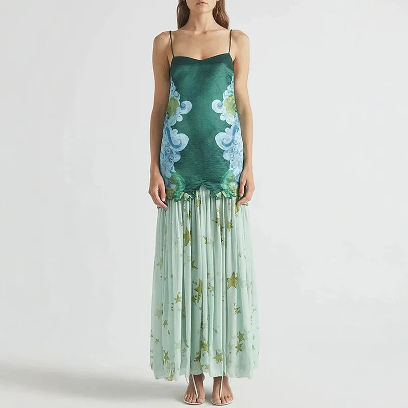 

2026 Spring Summer Floral Print Vacation Outfit Sexy V Neck Sling Top & Pleated Long Skirts Set Women's Sleeveless Bohemian Suit