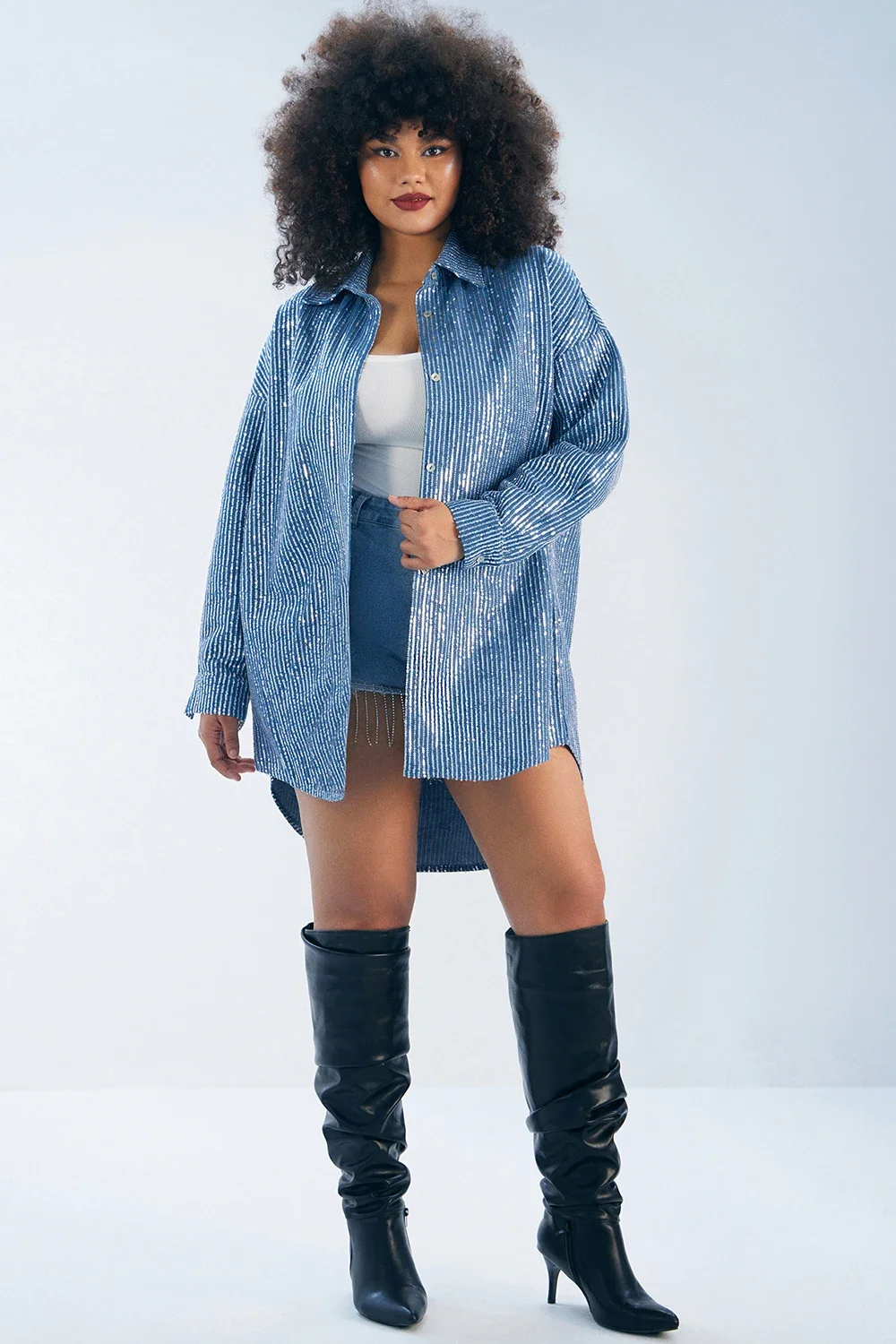 Plus Size Daily Mini Dresses Casual Blue Fall Winter Shirt Collar Long Sleeve Sequin Denim Mini Dresses