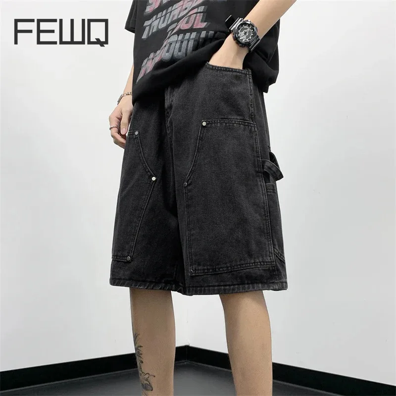 FEWQ Men\'s Washable Jeans Shorts Summer Thin American High Street Trendy Loose 2024 Solid Color Male New Fashion 24X9126