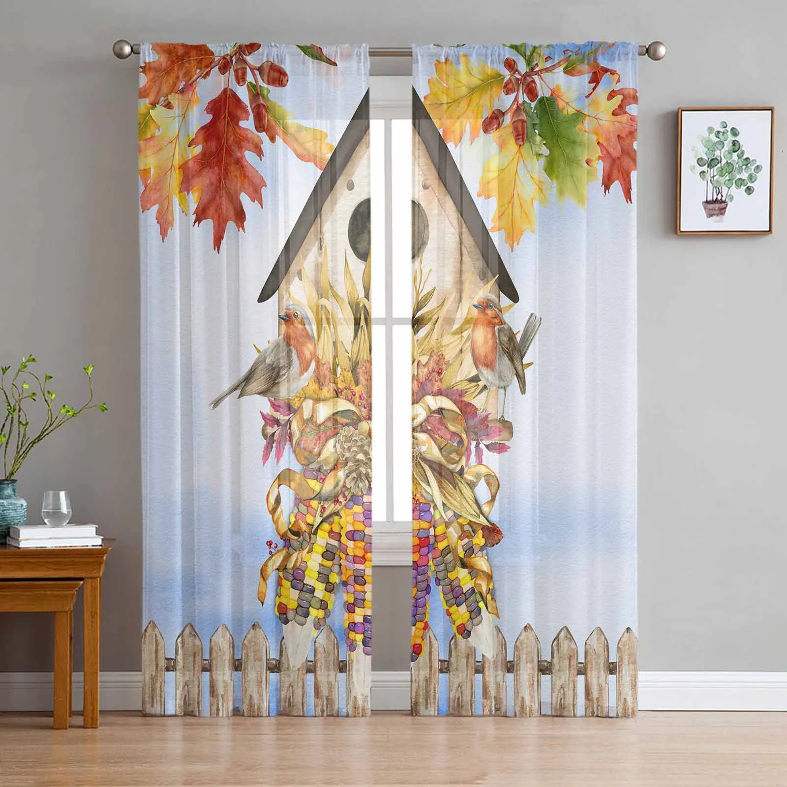 Autumn Bird House Maple Leaf Colored Corn Wood Fence Sheer Curtain Living Room Drapes Home Voile Curtain Tulle Window Curtain