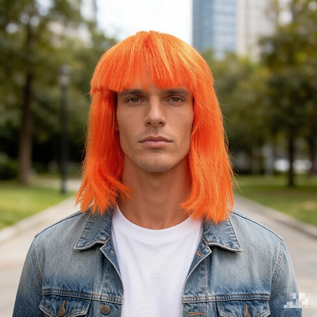 Anime Cosplay Orange Hair - Erkek Parlak Turuncu Düz Sentetik Peruk,