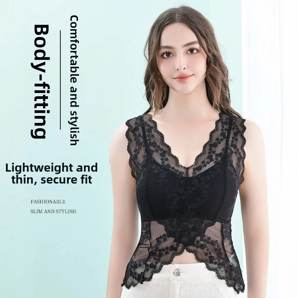 Elegant Hollow Lace Camisole V Neck Ruffled Butterfly Crop Tops Backless Transparent Undershirt Vest Streetwear