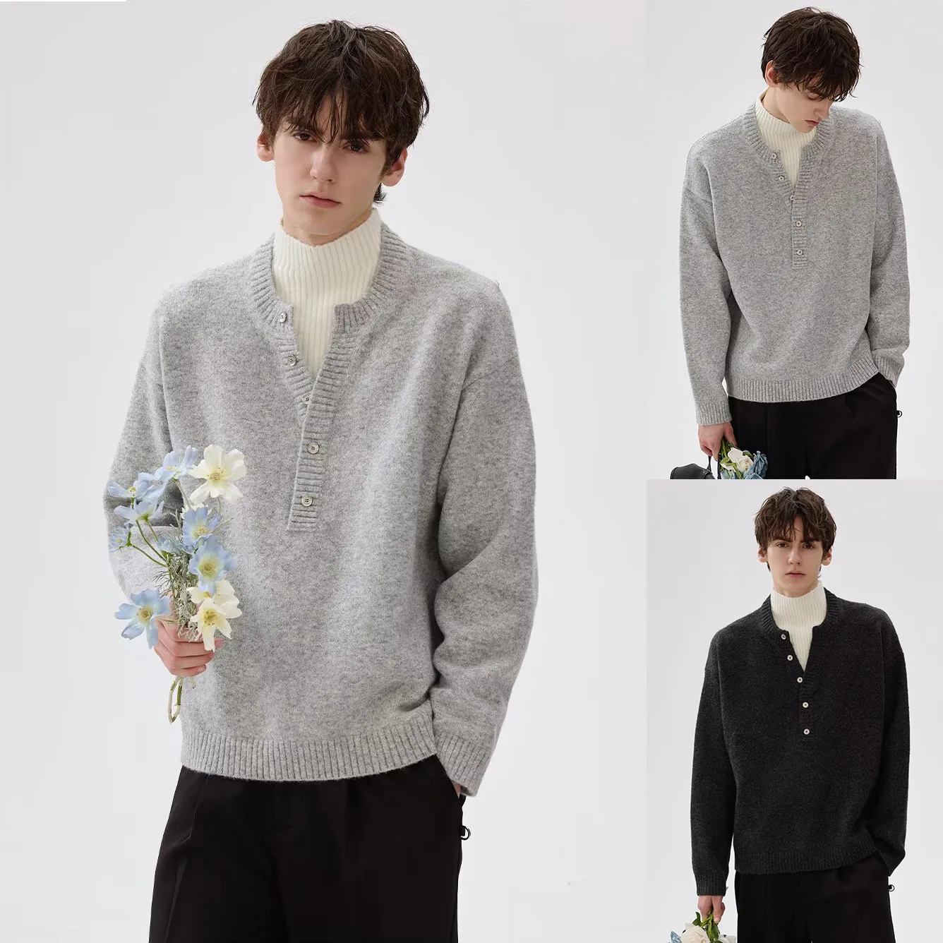 Autumn Winter Fake Two-Piece Mock Neck Button Knit Sweater Men's Premium Streetwear Casual Top