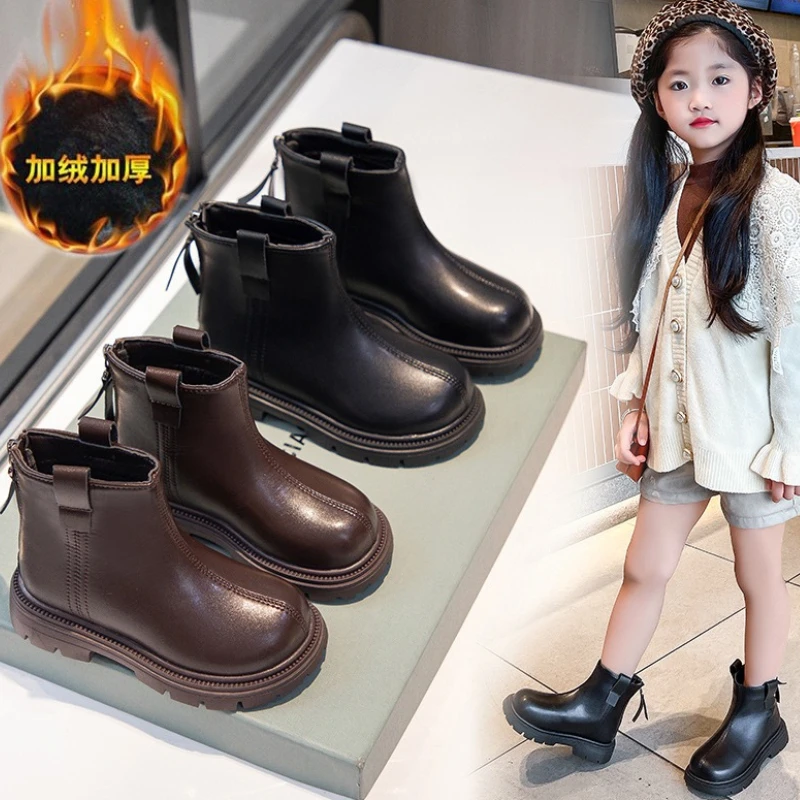 

Зимние сапоги для девочек, новинка 2023 года, детские замшевые сапоги в британском стиле, повседневные модные универсальные осенние короткие сапоги без шнуровки для девочек