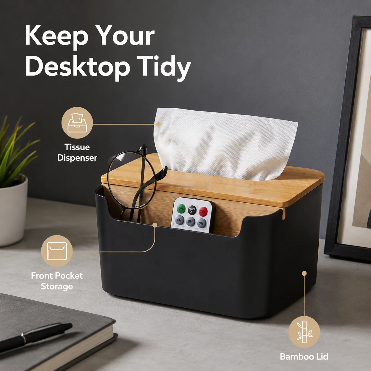 QA 2 in 1 Bamboo Tissue Box Organizer with Remote Control Storage Desktop Holder for Living Room Bedroom Office Home Storage