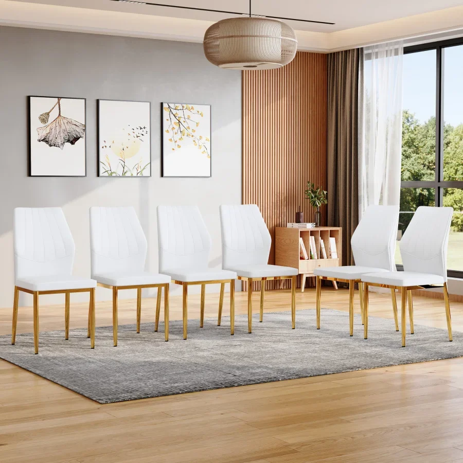 Set of 6 Gold - and - White Dining Chairs, 37 inches High: Ergonomic PU Backrest, Combines Comfort and Style.Perfectly blends c
