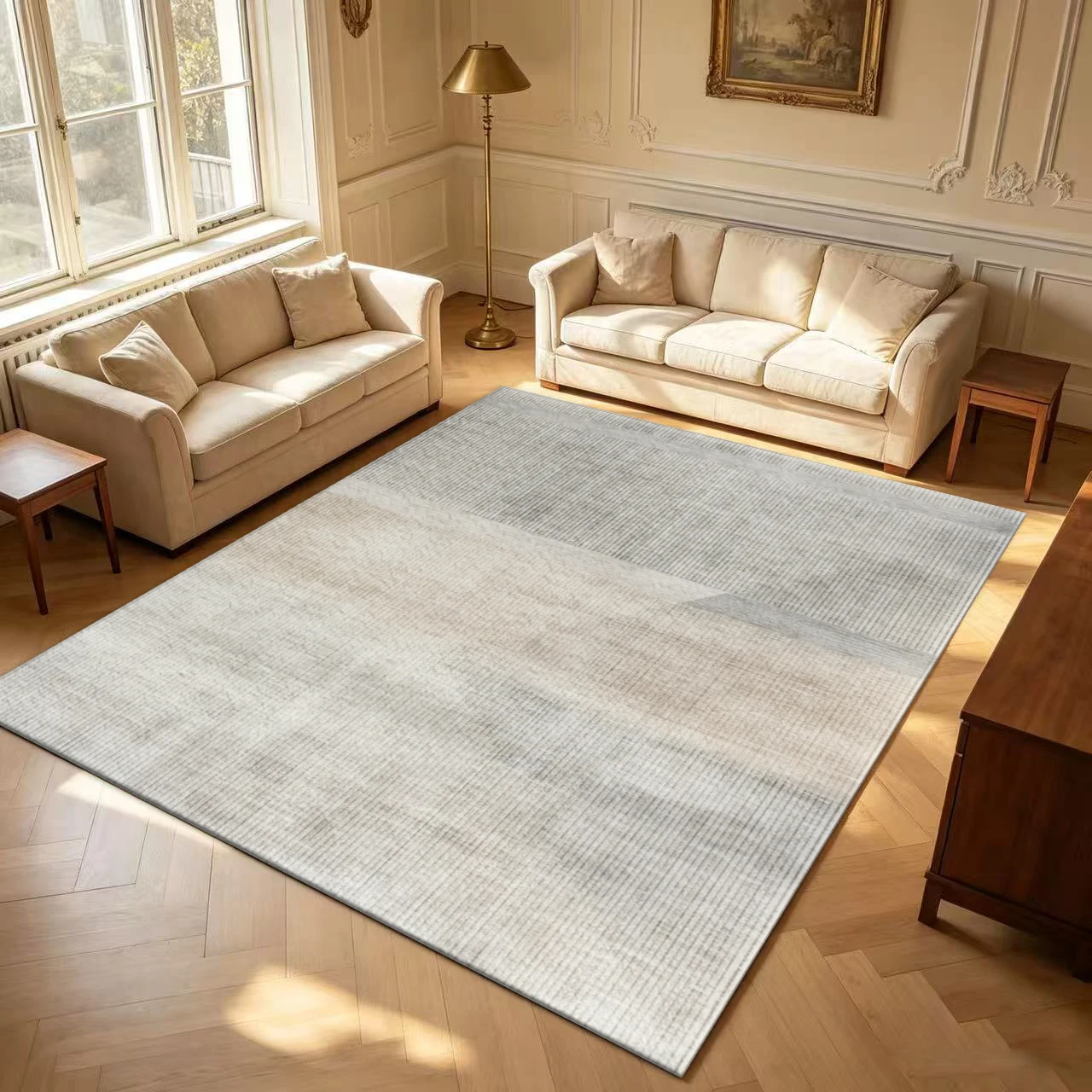 Fine Linear Textured Carpet Flooring, Neutral Tone Minimalist Area Rug for Home Interior Decor