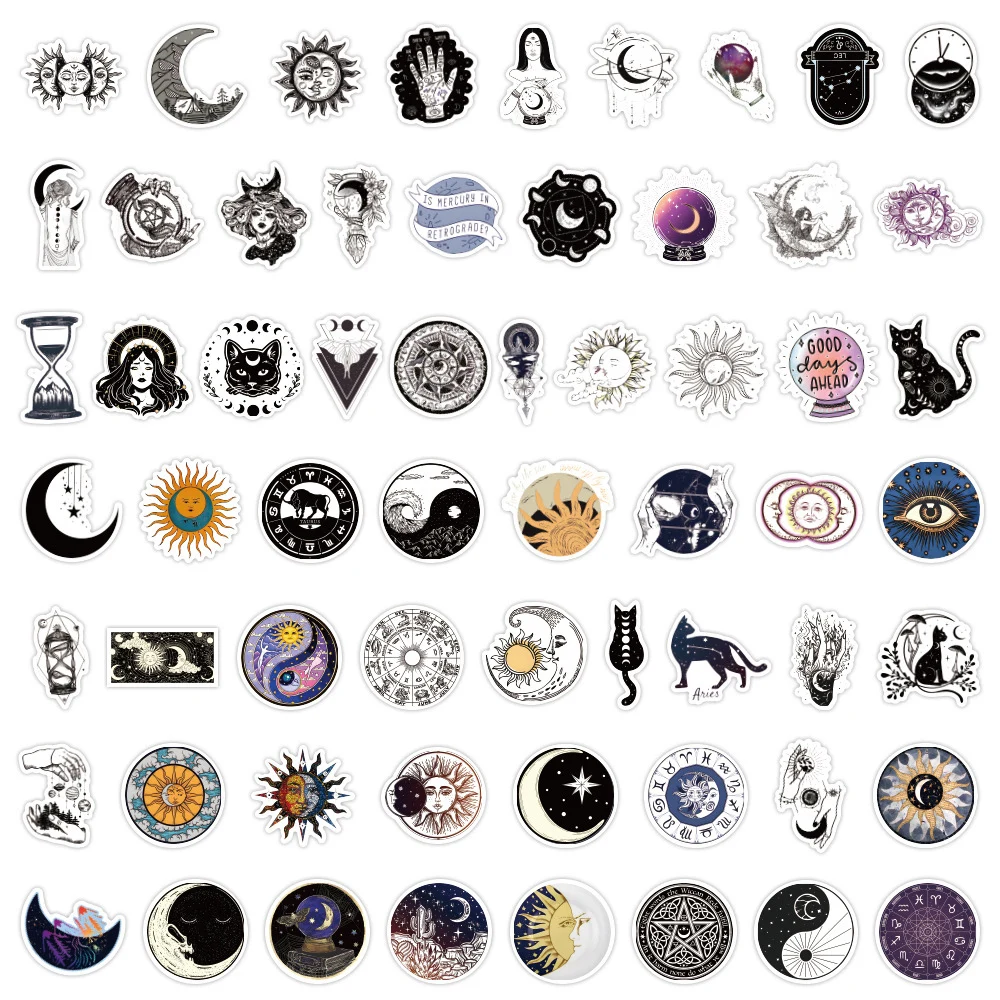 10/30/50pcs Magic Moon Sun Astrology Stickers Goth Cartoon Decal Luggage Bike Motorcycle Skateboard Waterproof Cool Sticker Pack