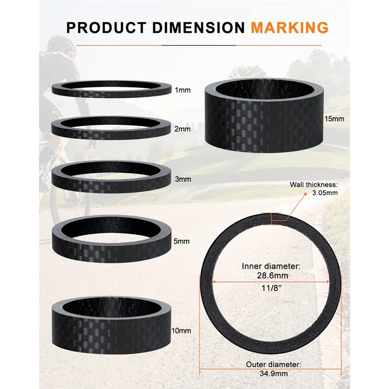 BAAR-Voor MTB, Road Stuurstelen 8 STKS Koolstofvezel Headset Spacers Matte Afwerking, Past 1 1/8 Inch Stuurpen 6 Maten