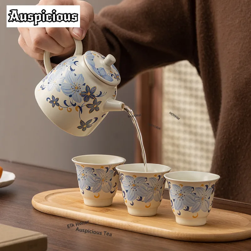 Aesthetics Lily Ceramic Travel Tea Set Kit Vintage 1 Pot 3 Cups Household Tea Making Organizer Portable Camping Tote Bag Craft