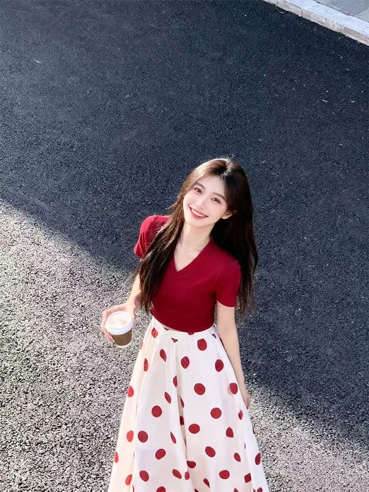 

Ele V-ne ort Sve Two-piece Set Red Polka Dot f-length Skirt Slimming Summer Outfit Polyester Fiber T-irt