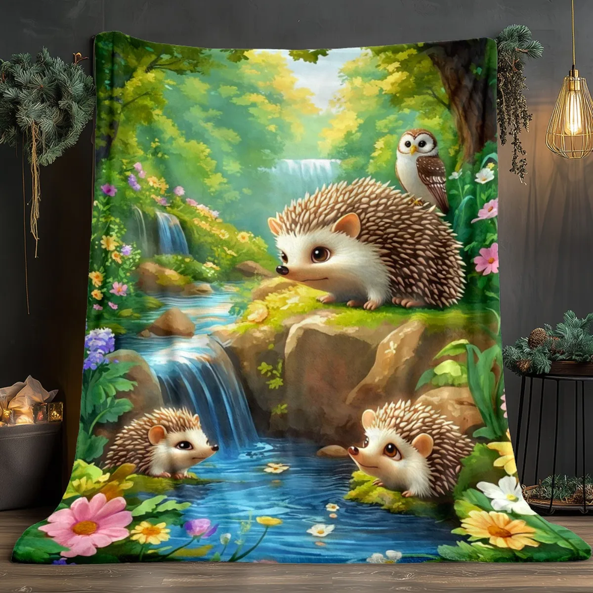 Cute Hedgehog Forest Stream Owl Nature Scene Flannel Blanket Soft Warm Throw Bedding Kids Room Decor Wildlife Animal Print Gift