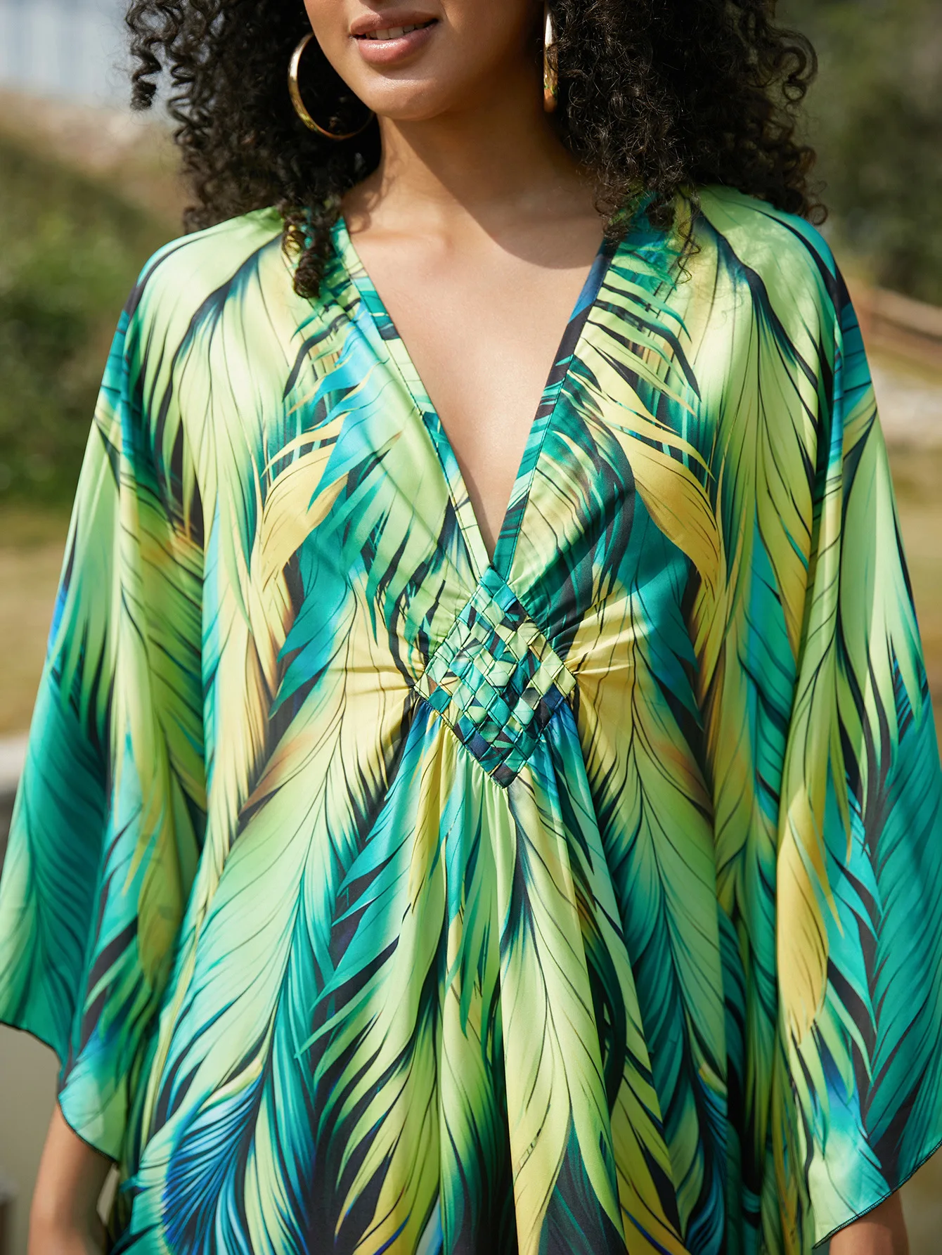 Sukienka Kaftan narzuta dla kobiet rękaw w kształcie skrzydła nietoperza Plus Size sukienki Kaftan V dekolt Resort plaża strój kąpielowy