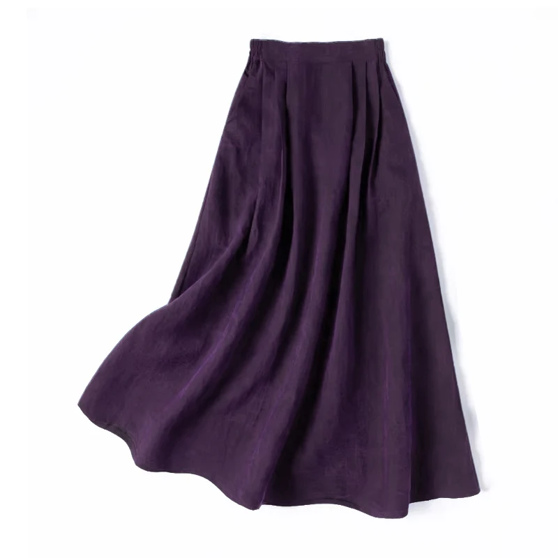 Women's Fashion New Purple Heavy 100% Natural Mulberry Silk Gambiered Guangdong Gauze Crackle Pattern Large Swing A-line Skirt
