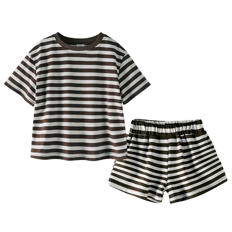 

2Piece Sets Summer Toddler Girls Clothes Korean Fashion Stripe Short Sleeve Cotton Baby Tops+Shorts Kids Boutique Clothing B140