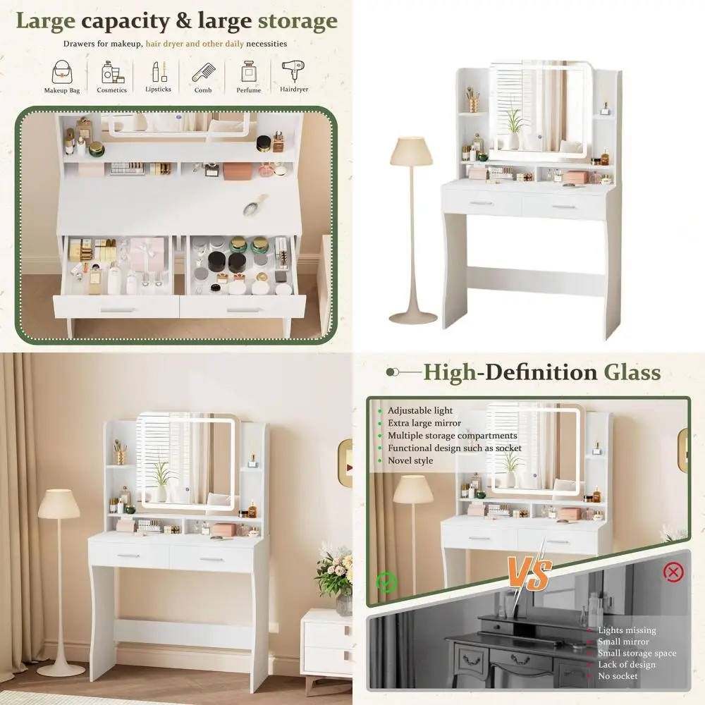 

Белый туалетный столик с зеркалом и 3-ламповой подсветкой, двумя ящиками и 6 полками для спальни женщин и девочек