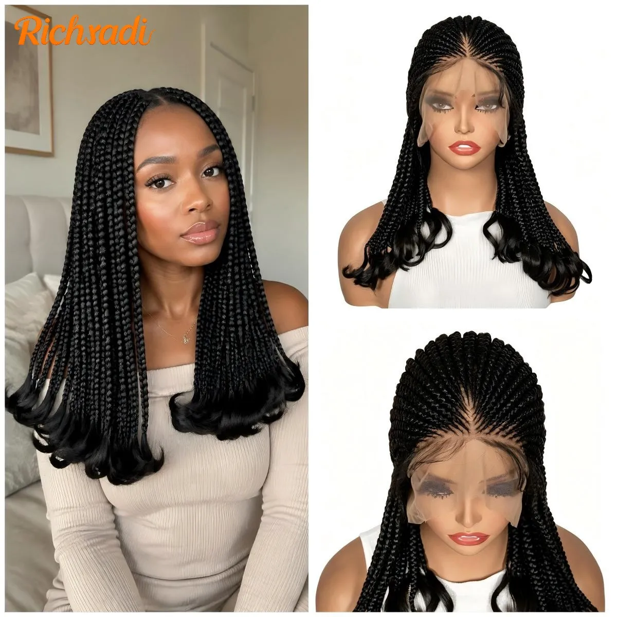 18Inch Full Lace Synthetic African Cornrow Braided Wigs for Black Women Lace Frontal Knotless Box Braiding Wigs with Wavy