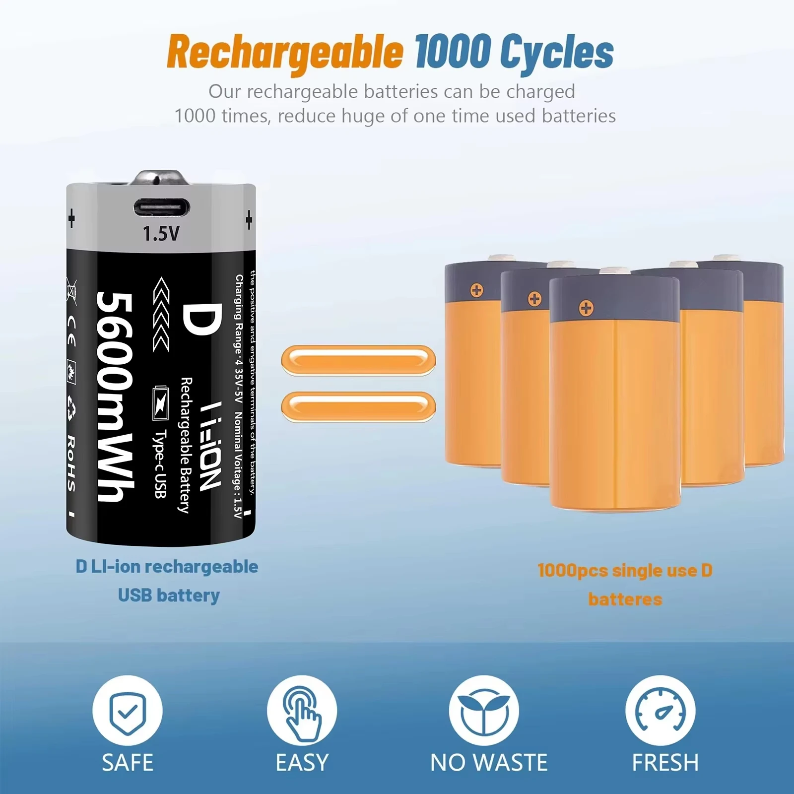 1.5V 5600mWh D Size High Capacity Rechargeable Batteries LR20 Lithium-ion D-Cell Battery For Gas Cooker Water Heater Flashlight