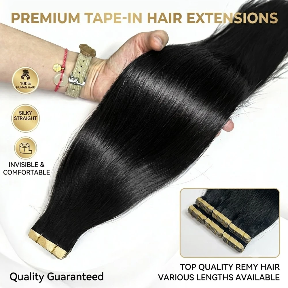 126 Pcs 300G Straight Tape In Real Human Hair Extensions 18 24 Inch 1B Natural Black Color Invisible Seamless Skin PU Weft Tape Ins Extension For Women
