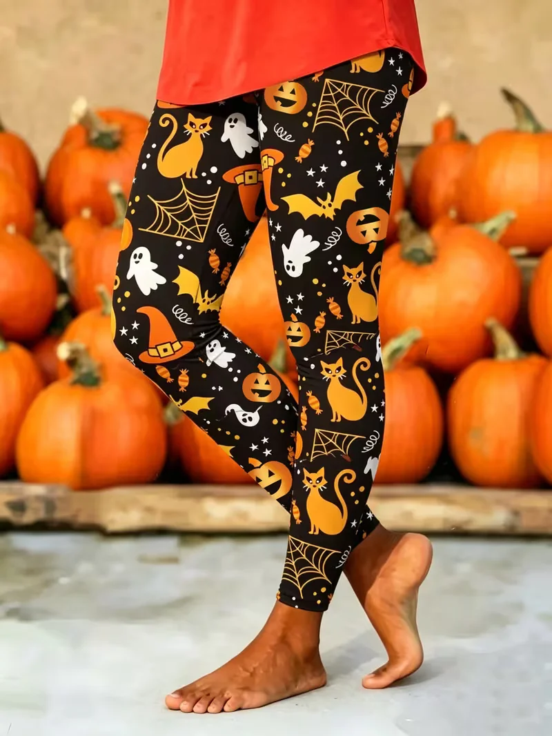 Women Halloween Printed High Waist Leggings, Stretch Slim Fit Party Cosplay Tights