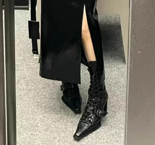 

Reteo стильные женские полусапожки до середины икры с острым носком и пряжкой на ремне, туфли на массивном высоком каблуке с боковой молнией и шнуровкой