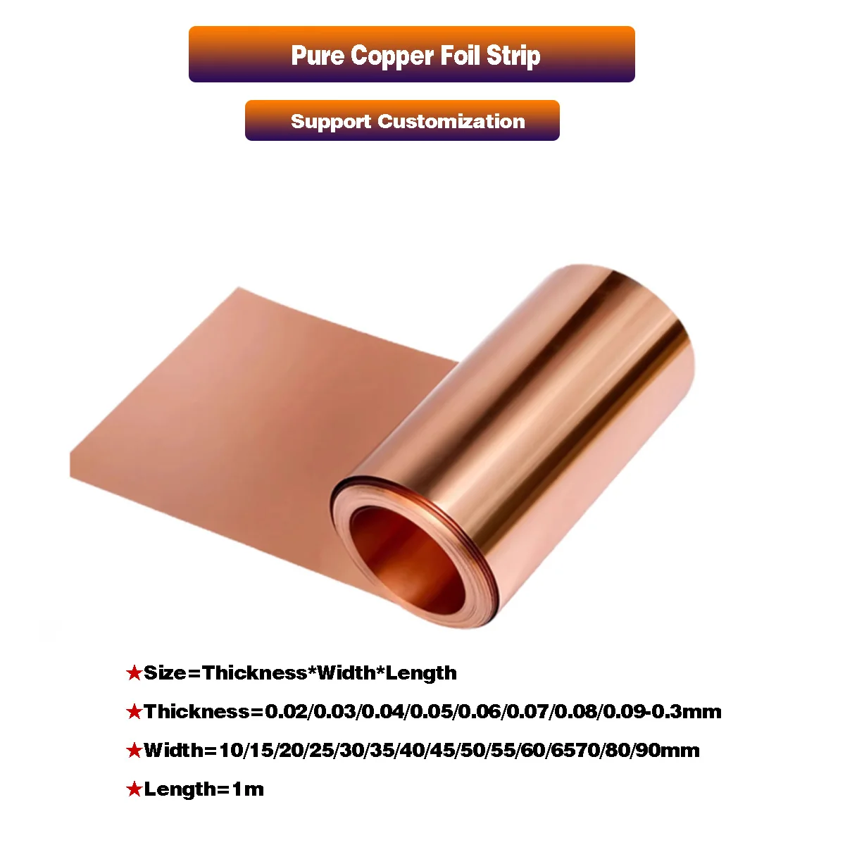 1 Meter Width 10--90mm 99.99% Pure Copper Foil Strip High Purity T2 Red Copper Shielded Sheet   Thickness 0.02mm -0.3mm